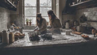 long hair,multiple girls,brown hair,black hair,long sleeves,2girls,food,indoors,looking at another,sweater,tree,cup,window,plant,steam,snow,snowing,basket,potted plant,winter,cooking,kitchen,frying pan,sink,faucet,kettle,stove,cutting board,1girl,shirt,holding,closed eyes,day,apron,vest,fruit,bottle,knife,scenery,bowl,holding knife,carrot,bread,vegetable,cabinet,potato,kitchen knife,onion