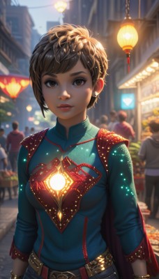 1girl,breasts,looking at viewer,short hair,bangs,brown hair,shirt,long sleeves,brown eyes,jewelry,medium breasts,standing,upper body,earrings,outdoors,parted lips,multiple boys,solo focus,belt,pants,artist name,dark skin,cape,armor,blurry,bracelet,dark-skinned female,lips,eyelashes,makeup,night,depth of field,blurry background,swept bangs,glowing,thick eyebrows,blue shirt,denim,lipstick,building,backlighting,jeans,lantern,city,realistic,nose,arms at sides,red cape,red lips,light,very short hair,paper lantern,mascara,solo,day,people