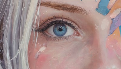 1girl,solo,looking at viewer,blue eyes,white hair,hand up,mole,eyelashes,portrait,bandaid,close-up,freckles,bandaid on face,eye focus,blush,bangs,water drop,bandaid on nose,bandaid on cheek