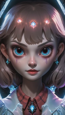 1girl,solo,looking at viewer,short hair,bangs,blue eyes,brown hair,shirt,jewelry,closed mouth,earrings,collared shirt,artist name,medium hair,star (symbol),lips,eyelashes,makeup,glowing,wing collar,lipstick,gem,red shirt,portrait,close-up,eyeshadow,freckles,crystal,glint,nose,red lips,straight-on,plaid shirt,blue gemstone,eye focus,crystal earrings,jacket,striped,white jacket,vertical stripes,zipper,striped shirt,pink lips