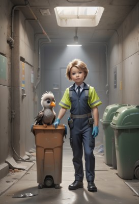 1girl,solo,looking at viewer,smile,short hair,blonde hair,brown hair,shirt,gloves,brown eyes,standing,full body,short sleeves,boots,necktie,shoes,collared shirt,belt,pants,artist name,indoors,signature,black footwear,uniform,vest,lips,bird,animal,ground vehicle,realistic,blue gloves,overalls,police,police uniform,policewoman,industrial pipe,tire,cart,blue eyes