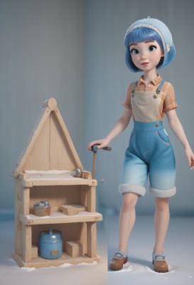 1girl,solo,looking at viewer,short hair,bangs,blue eyes,shirt,hat,blue hair,standing,full body,short sleeves,shoes,shorts,socks,striped,blunt bangs,lips,brown footwear,child,freckles,striped shirt,female child,bucket,overalls,orange shirt,overall shorts,smile,parted lips,teeth,collared shirt,fur trim,buttons,bob cut,denim,pocket,brown shirt