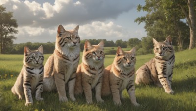 looking at viewer,yellow eyes,outdoors,sky,day,cloud,tree,blue sky,no humans,animal,cat,cloudy sky,grass,nature,scenery,forest,realistic,animal focus,tiger,sitting,signature,field