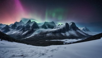 outdoors,sky,tree,no humans,night,star (sky),nature,night sky,scenery,snow,starry sky,mountain,winter,landscape,mountainous horizon,aurora,gradient sky