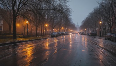 outdoors,sky,water,tree,no humans,night,ground vehicle,building,night sky,scenery,motor vehicle,snow,reflection,city,car,road,winter,bridge,lamppost,bare tree,street,river,real world location,realistic,bench,evening,puddle,pavement