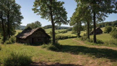 outdoors,sky,day,cloud,tree,blue sky,no humans,grass,building,nature,scenery,forest,mountain,road,bush,house,landscape,path,hill,window,field