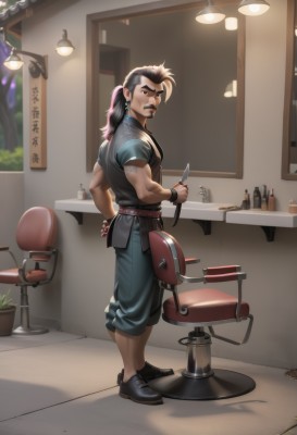 solo,long hair,looking at viewer,brown hair,shirt,black hair,1boy,holding,brown eyes,jewelry,standing,full body,ponytail,male focus,multicolored hair,earrings,shoes,belt,pants,indoors,black footwear,two-tone hair,hand on hip,tattoo,muscular,facial hair,chair,thick eyebrows,bottle,knife,plant,muscular male,bara,mature male,holding knife,potted plant,lamp,stool,counter,short sleeves,looking back,artist name,from behind,mustache,arm hair