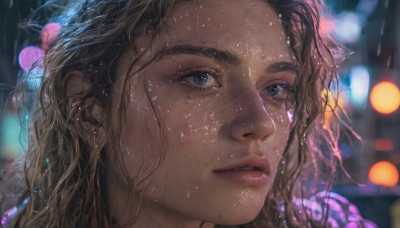 1girl, solo, long hair, blue eyes, brown hair, parted lips, blurry, lips, wet, eyelashes, depth of field, blurry background, portrait, rain, realistic, nose, wet hair