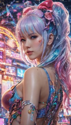 1girl,solo,long hair,breasts,looking at viewer,bangs,blue eyes,hair ornament,bow,bare shoulders,jewelry,medium breasts,underwear,blue hair,upper body,ponytail,pink hair,flower,hair bow,multicolored hair,earrings,outdoors,parted lips,teeth,shiny,looking back,hair flower,from behind,bra,mole,blurry,bracelet,two-tone hair,lips,shiny skin,grey eyes,eyelashes,gradient hair,makeup,night,rose,facial mark,pink flower,armlet,realistic,nose,mascara,swimsuit,sidelocks,bikini,artist name,water,star (symbol),red bow,shiny hair,from side,wet,looking to the side,depth of field,blurry background,watermark,piercing,pink bow,gem,bikini top only,web address,light particles,freckles,hoop earrings,water drop,pink lips,cyberpunk