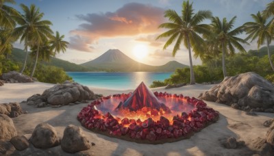 outdoors,sky,day,cloud,water,tree,blue sky,no humans,ocean,beach,sunlight,fire,nature,scenery,sunset,rock,mountain,sand,palm tree,sun,horizon,shore,food,forest,landscape