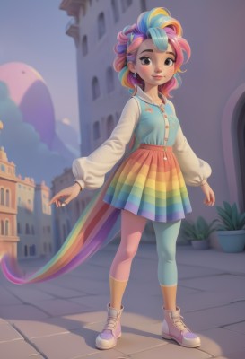 1girl,solo,long hair,breasts,looking at viewer,blush,smile,skirt,shirt,long sleeves,brown eyes,jewelry,closed mouth,blue hair,standing,collarbone,tail,full body,pink hair,purple hair,multicolored hair,pleated skirt,earrings,small breasts,outdoors,sky,shoes,socks,puffy sleeves,collared shirt,artist name,black eyes,two-tone hair,lips,streaked hair,makeup,buttons,ring,blue shirt,plant,building,sneakers,multicolored clothes,horse tail,puffy long sleeves,personification,asymmetrical legwear,arms at sides,potted plant,mismatched legwear,rainbow,multicolored dress,castle,multicolored skirt,multicolored legwear,rainbow order,rainbow gradient,rainbow hair,multicolored stripes,blue eyes,blonde hair,cloud,bird,watermark