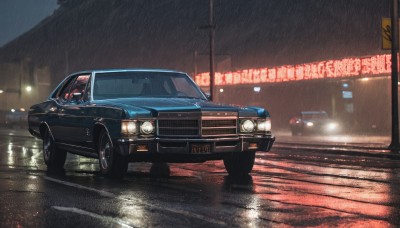 outdoors,no humans,night,ground vehicle,building,scenery,motor vehicle,reflection,rain,sign,car,road,vehicle focus,lamppost,street,lights,wheel,sports car,sky,wet,puddle