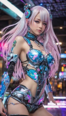 1girl,solo,long hair,breasts,looking at viewer,bangs,hair ornament,thighhighs,cleavage,bare shoulders,jewelry,medium breasts,standing,pink hair,multicolored hair,cowboy shot,earrings,detached sleeves,shorts,midriff,nail polish,blurry,lips,short shorts,gradient hair,makeup,blurry background,headgear,science fiction,realistic,white hair,parted lips,armor,leotard,fingernails,headphones,watermark,cyberpunk