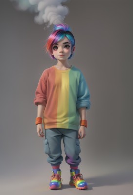 1girl,solo,looking at viewer,smile,short hair,simple background,shirt,brown eyes,blue hair,standing,full body,ponytail,pink hair,purple hair,multicolored hair,shoes,pants,nail polish,two-tone hair,lips,makeup,watermark,lipstick,wristband,sneakers,child,web address,multicolored clothes,sleeves rolled up,smoke,personification,arms at sides,female child,rainbow hair,freckles