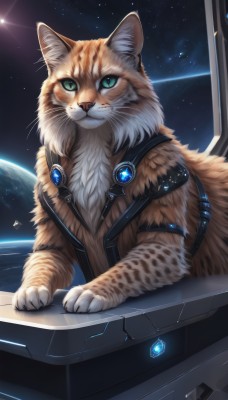 solo,looking at viewer,closed mouth,green eyes,signature,no humans,glowing,animal,cat,star (sky),science fiction,realistic,space,animal focus,planet,whiskers,earth (planet),upper body,sky,artist name,cat ears,gem,starry sky