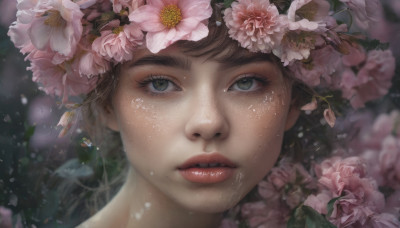 1girl, solo, looking at viewer, brown hair, hair ornament, green eyes, flower, parted lips, hair flower, blurry, lips, eyelashes, portrait, close-up, pink flower, freckles, water drop, realistic, nose