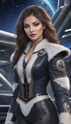 1girl,solo,long hair,breasts,looking at viewer,brown hair,gloves,cleavage,brown eyes,medium breasts,jacket,cowboy shot,sky,pants,lips,fur trim,makeup,wavy hair,black pants,lipstick,star (sky),starry sky,science fiction,nose,red lips,space,planet,earth (planet),spacecraft,large breasts,shirt,long sleeves,jewelry,earrings,corset,eyeshadow,realistic,thick lips