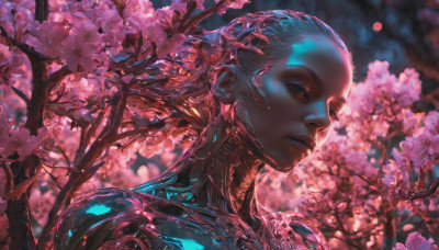 1girl, solo, looking at viewer, closed mouth, upper body, flower, dark skin, blurry, tree, lips, blurry background, cherry blossoms, portrait, science fiction, realistic, nose, android, branch