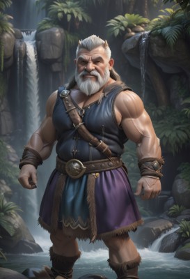 solo,long hair,looking at viewer,smile,1boy,bare shoulders,jewelry,closed mouth,standing,full body,closed eyes,white hair,male focus,boots,outdoors,horns,sleeveless,belt,water,tree,muscular,facial hair,scar,sandals,thick eyebrows,pectorals,muscular male,wristband,nature,beard,wading,clenched hands,veins,rock,mature male,realistic,mustache,old,old man,waterfall,wrinkled skin,grey hair,one eye closed,leaf,bara