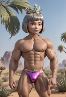 solo,looking at viewer,smile,short hair,bangs,1boy,navel,brown eyes,closed mouth,nipples,standing,swimsuit,grey hair,male focus,thighs,cowboy shot,outdoors,sky,day,artist name,dark skin,blunt bangs,stomach,tree,blue sky,lips,muscular,feet out of frame,beach,abs,dark-skinned male,bob cut,crown,pectorals,muscular male,bara,large pectorals,bulge,topless male,realistic,nose,sand,palm tree,male swimwear,swim briefs,1girl,web address,veins