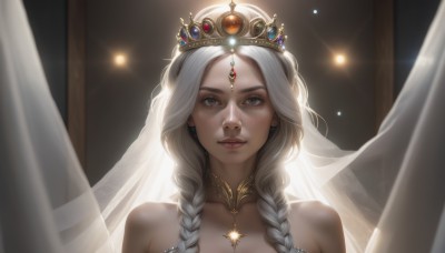 1girl,solo,long hair,looking at viewer,bare shoulders,jewelry,collarbone,upper body,braid,white hair,earrings,parted lips,teeth,choker,artist name,indoors,necklace,blurry,twin braids,lips,grey eyes,eyelashes,depth of field,blurry background,watermark,tiara,crown,curtains,gem,portrait,veil,hair over shoulder,freckles,realistic,nose,bangs,piercing,gold choker