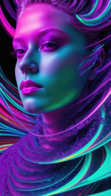 1girl,solo,long hair,looking at viewer,closed mouth,purple eyes,pink hair,purple hair,multicolored hair,lips,eyelashes,makeup,colored skin,lipstick,portrait,realistic,nose,purple skin,purple lips,colorful,short hair,parted lips,artist name,watermark,looking away,blue skin,space,pink skin