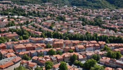 outdoors,tree,no humans,from above,building,nature,scenery,forest,city,aircraft,road,cityscape,house,river,landscape,ground vehicle,motor vehicle,real world location