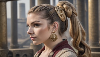 1girl,solo,long hair,looking at viewer,blonde hair,brown hair,hair ornament,jewelry,upper body,ponytail,earrings,parted lips,blurry,black eyes,from side,lips,eyelashes,blurry background,portrait,freckles,realistic,nose,brown eyes,profile,makeup,depth of field,lipstick