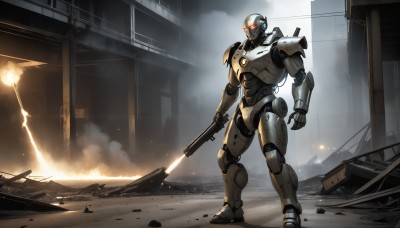 HQ,solo,red eyes,1boy,holding,standing,weapon,holding weapon,armor,gun,no humans,glowing,robot,building,holding gun,mecha,glowing eyes,rifle,smoke,science fiction,city,realistic,military vehicle,cable,arm cannon,ruins,damaged,firing,power armor,debris,dust,radio antenna,sparks