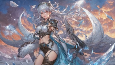 1girl,solo,long hair,breasts,looking at viewer,smile,thighhighs,gloves,navel,brown eyes,medium breasts,grey hair,cowboy shot,hairband,outdoors,wings,sky,shorts,black gloves,elbow gloves,midriff,black thighhighs,cloud,cape,armor,lips,short shorts,floating hair,garter straps,cloudy sky,shoulder armor,single thighhigh,pauldrons,ice,crystal,bangs,skirt,red eyes,hair between eyes,jewelry,very long hair,standing,earrings,parted lips,belt,miniskirt,stomach,headgear,wind,claws,pelvic curtain,asymmetrical legwear,breastplate,dragon,uneven legwear,asymmetrical clothes,faulds,boobplate