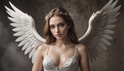 1girl,solo,long hair,breasts,looking at viewer,brown hair,dress,cleavage,bare shoulders,brown eyes,medium breasts,collarbone,upper body,wings,white dress,lips,grey eyes,feathered wings,angel wings,realistic,white wings,angel,head wreath,parted lips,tiara