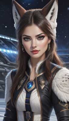 1girl,solo,long hair,breasts,looking at viewer,brown hair,animal ears,brown eyes,jewelry,medium breasts,jacket,upper body,earrings,outdoors,lips,animal ear fluff,fur trim,fox ears,makeup,night,lipstick,gem,snow,forehead,snowing,red lips,closed mouth,artist name,black jacket,wolf ears