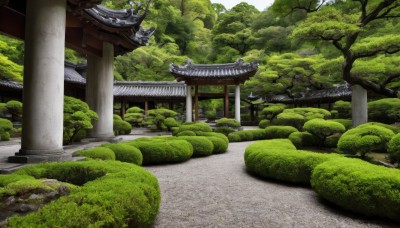 outdoors,day,tree,no humans,grass,plant,building,nature,scenery,forest,rock,road,bush,torii,architecture,east asian architecture,pillar,shrine,path,moss,stone lantern,real world location,sky