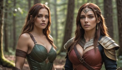 long hair,breasts,looking at viewer,multiple girls,large breasts,brown hair,dress,2girls,cleavage,bare shoulders,brown eyes,jewelry,medium breasts,collarbone,upper body,earrings,outdoors,parted lips,day,armor,blurry,tree,lips,depth of field,blurry background,shoulder armor,nature,forest,pauldrons,circlet,realistic,nose,sunlight,tiara,freckles