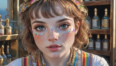 1girl,solo,looking at viewer,short hair,bangs,brown hair,shirt,hair ornament,jewelry,green eyes,earrings,parted lips,teeth,indoors,necklace,blurry,lips,grey eyes,eyelashes,makeup,depth of field,blurry background,wavy hair,bottle,portrait,close-up,freckles,realistic,nose,mascara,alcohol,dirty,dirty face