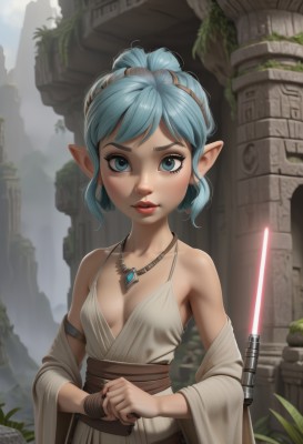 1girl,solo,breasts,looking at viewer,short hair,blue eyes,dress,cleavage,bare shoulders,jewelry,blue hair,collarbone,upper body,weapon,earrings,small breasts,outdoors,parted lips,detached sleeves,day,pointy ears,sword,wide sleeves,necklace,white dress,lips,eyelashes,ring,own hands together,elf,armlet,pendant,freckles,fantasy,ruins,dirty,pillar,energy sword,lightsaber,nail polish,realistic