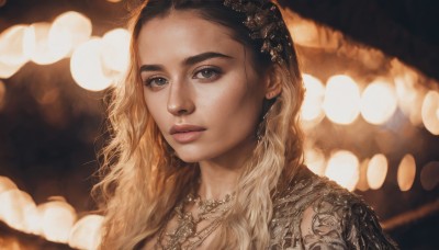 1girl,solo,long hair,looking at viewer,blonde hair,brown hair,black hair,hair ornament,brown eyes,jewelry,upper body,multicolored hair,earrings,necklace,blurry,black eyes,two-tone hair,lips,depth of field,blurry background,portrait,freckles,realistic,nose,bokeh,closed mouth,grey eyes,wavy hair,forehead