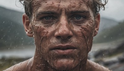 solo,looking at viewer,short hair,brown hair,black hair,1boy,closed mouth,male focus,outdoors,day,water,blurry,lips,wet,grey eyes,depth of field,blurry background,portrait,close-up,rain,realistic,wet hair,blue eyes,facial hair,scar,veins,serious