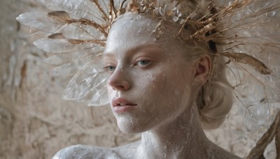 1girl,solo,looking at viewer,blue eyes,blonde hair,hair ornament,parted lips,blurry,lips,wet,grey eyes,eyelashes,depth of field,blurry background,portrait,close-up,realistic,nose,wings,crown