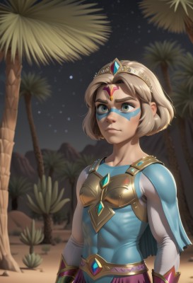 1girl,solo,breasts,short hair,blonde hair,gloves,long sleeves,closed mouth,green eyes,upper body,small breasts,outdoors,sky,artist name,cape,armor,tree,lips,bodysuit,mask,muscular,night,abs,tiara,gem,star (sky),circlet,nose,palm tree,muscular female,domino mask,brown hair,facial mark,facepaint