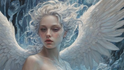 1girl,solo,long hair,looking at viewer,upper body,white hair,nude,parted lips,wings,lips,grey eyes,floating hair,wavy hair,portrait,feathered wings,freckles,angel wings,realistic,white wings,angel,red lips,blush,water,ice