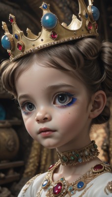 1girl,solo,looking at viewer,short hair,blue eyes,blonde hair,brown hair,jewelry,parted lips,choker,artist name,necklace,hair bun,mole,blurry,black eyes,lips,grey eyes,eyelashes,mole under eye,double bun,makeup,blurry background,crown,lipstick,gem,child,portrait,eyeshadow,freckles,red lips,female child,gold,bangs,dress,closed mouth,depth of field,expressionless,realistic,blue gemstone,mascara