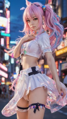 1girl,solo,long hair,breasts,looking at viewer,bangs,blue eyes,skirt,shirt,hair ornament,navel,animal ears,twintails,jewelry,medium breasts,underwear,blue hair,standing,panties,white shirt,pink hair,short sleeves,multicolored hair,cowboy shot,hairband,earrings,small breasts,outdoors,parted lips,pussy,midriff,belt,miniskirt,nail polish,blurry,lips,crop top,see-through,thigh strap,night,blurry background,ring,white skirt,see-through skirt,smile,closed mouth,swimsuit,bikini,thighs,pleated skirt,choker,artist name,hand up,necklace,from side,grey eyes,depth of field,white bikini,piercing,realistic,nose,cleft of venus