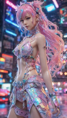 1girl,solo,long hair,breasts,looking at viewer,bangs,blue eyes,skirt,hair ornament,gloves,navel,cleavage,bare shoulders,jewelry,medium breasts,standing,pink hair,cowboy shot,hairband,earrings,midriff,fingerless gloves,blurry,lips,thigh strap,blurry background,piercing,ring,science fiction,realistic,navel piercing,closed mouth,swimsuit,bikini,multicolored hair,outdoors,shiny,armor,bracelet,night,bridal gauntlets,bikini armor,cyberpunk,neon lights