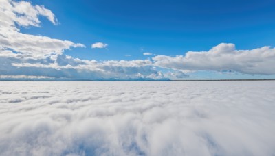 monochrome,outdoors,sky,day,cloud,water,blue sky,no humans,ocean,cloudy sky,scenery,blue theme,horizon,landscape,above clouds