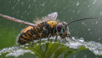 flower, outdoors, blurry, no humans, bug, snow, realistic