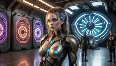 HQ,1girl,long hair,breasts,looking at viewer,blue eyes,brown hair,hair ornament,cleavage,medium breasts,standing,multiple boys,solo focus,indoors,2boys,armor,lips,bodysuit,makeup,robot,reflection,science fiction,realistic,bald,power armor,neon trim,spacecraft,cyberpunk,hologram,blonde hair,dirty,holographic interface