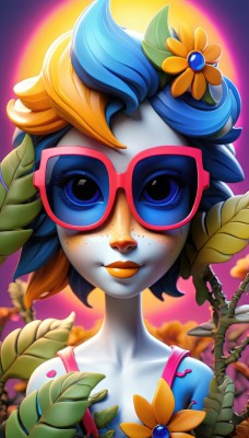 1girl,solo,looking at viewer,smile,short hair,blue eyes,hair ornament,bare shoulders,closed mouth,blue hair,collarbone,upper body,flower,multicolored hair,glasses,artist name,hair flower,orange hair,two-tone hair,lips,eyelashes,makeup,colored skin,leaf,watermark,sunglasses,plant,lipstick,portrait,web address,eyeshadow,backlighting,freckles,sunset,nose,blue skin,tinted eyewear,mascara,pink-framed eyewear,sky,cloud,sun