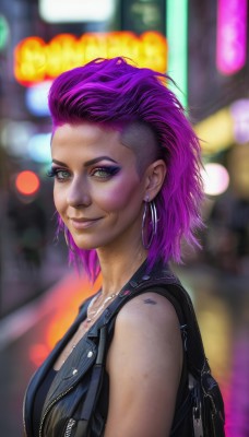 1girl,solo,looking at viewer,smile,short hair,jewelry,green eyes,upper body,pink hair,purple hair,multicolored hair,earrings,sleeveless,dark skin,necklace,bag,blurry,vest,from side,dark-skinned female,lips,eyelashes,tattoo,makeup,blurry background,backpack,lipstick,eyeshadow,hoop earrings,realistic,nose,eyeliner,undercut,mascara,cyberpunk,denim jacket,breasts,shirt,bare shoulders,jacket,outdoors,artist name,signature,looking to the side,depth of field,watermark,web address,zipper,black vest,unzipped,leather,open vest,bokeh