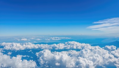 monochrome,outdoors,sky,day,cloud,blue sky,no humans,ocean,cloudy sky,scenery,blue theme,mountain,horizon,landscape,above clouds,water,island